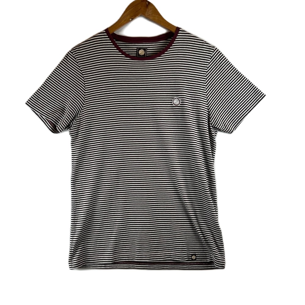 Pretty Green Mens Striped T-Shirt Burgundy White Cotton Crew Neck Medium